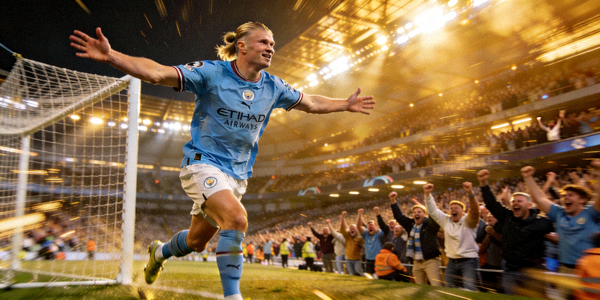 英超联赛曼城队哈兰德进球庆祝瞬间